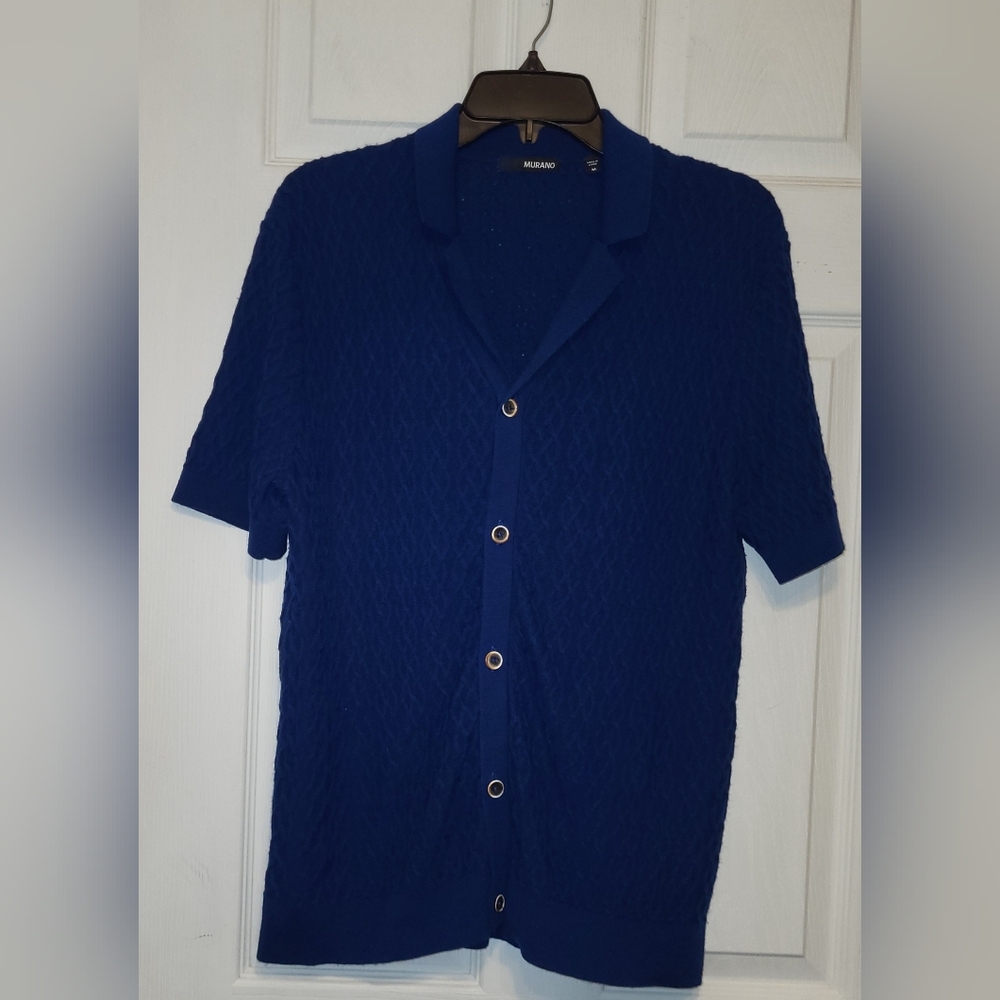 Murano Mens Button-up Short Sleeve Sweater Xl 100% Acrylic Blue Medium